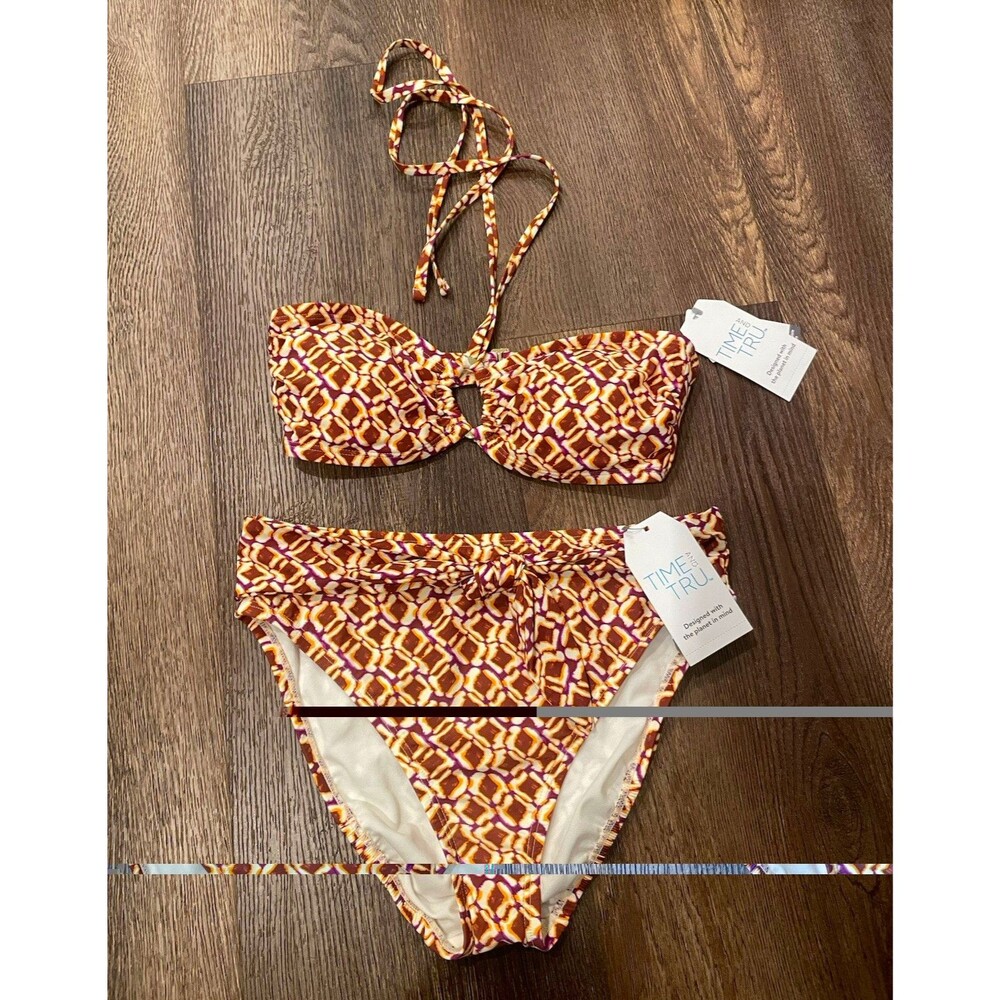 Time and Tru Girls Bikini Set S (4-6) Geometric Bandeau Tie Strap 2pc